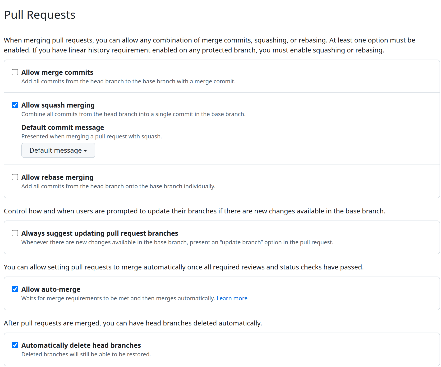 GitHub pull requests settings